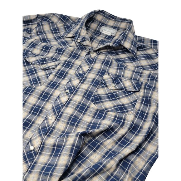 Wrangler Wrancher Pearl Snap Button Up Shirt Size XL Short Sleeve Blue Tan Plaid - Picture 3 of 5